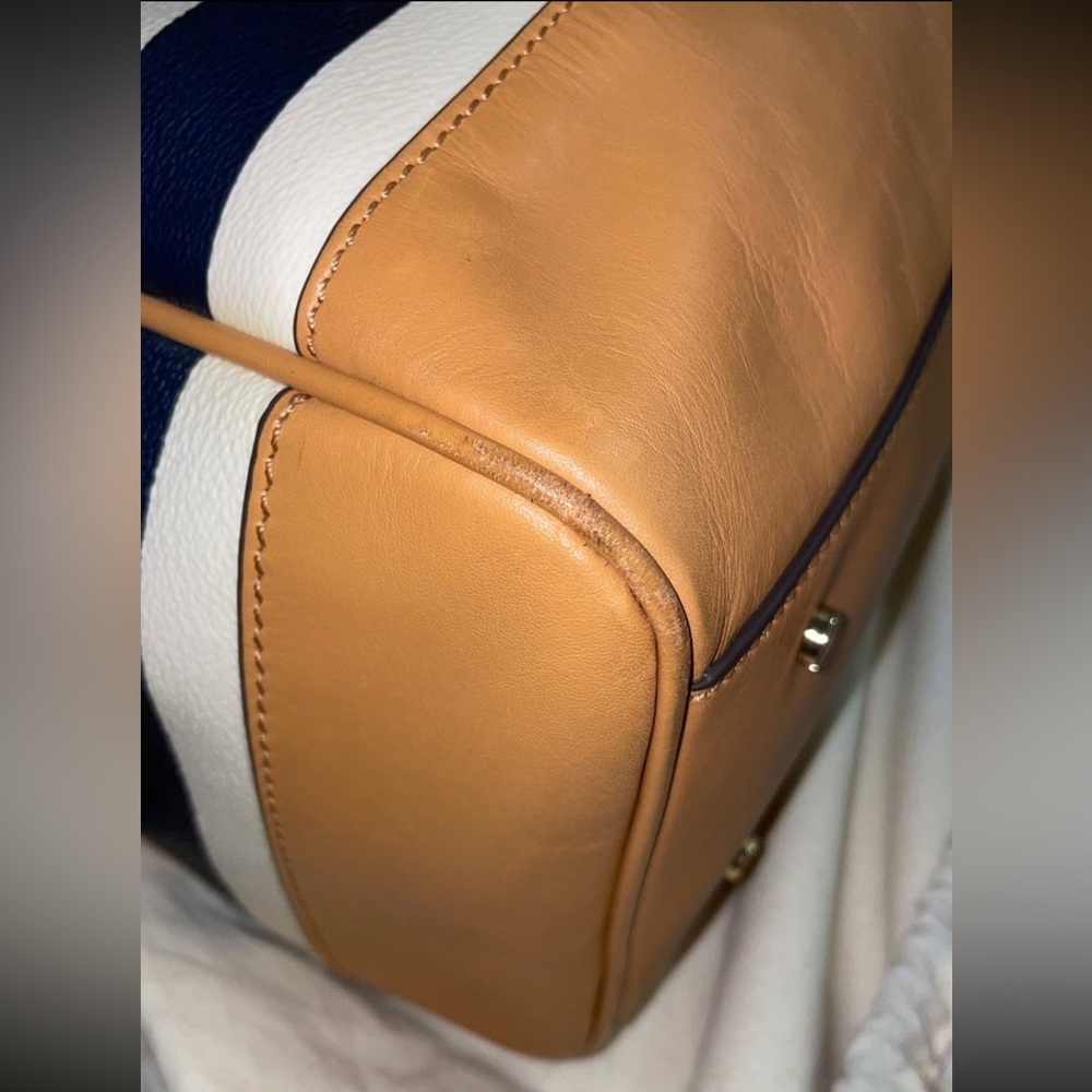 Tory Burch Navy and White Striped Satchel with Tan Trim - Picture 3 of 13